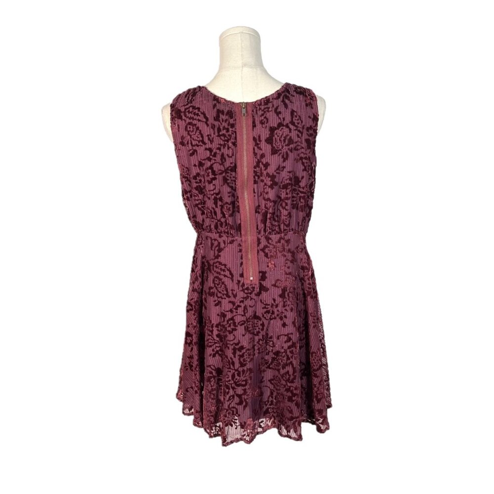 Free People Floral Velvet Burnout Metallic Burgundy Wine Sleeveless Mini Dress - Picture 4 of 6